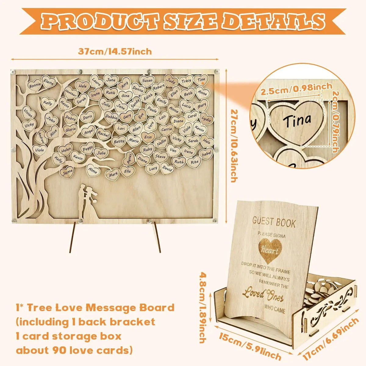 Light-colored wooden tree-shaped wedding guest book drop box frame with engraved heart-shaped name cards and matching box