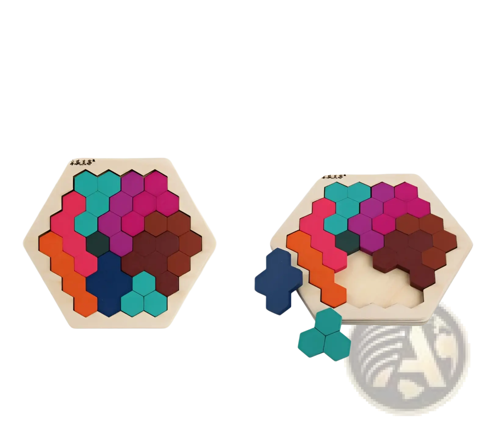 A colorful wooden hexagonal puzzle tangram with interlocking pink teal orange and brown pieces for early education