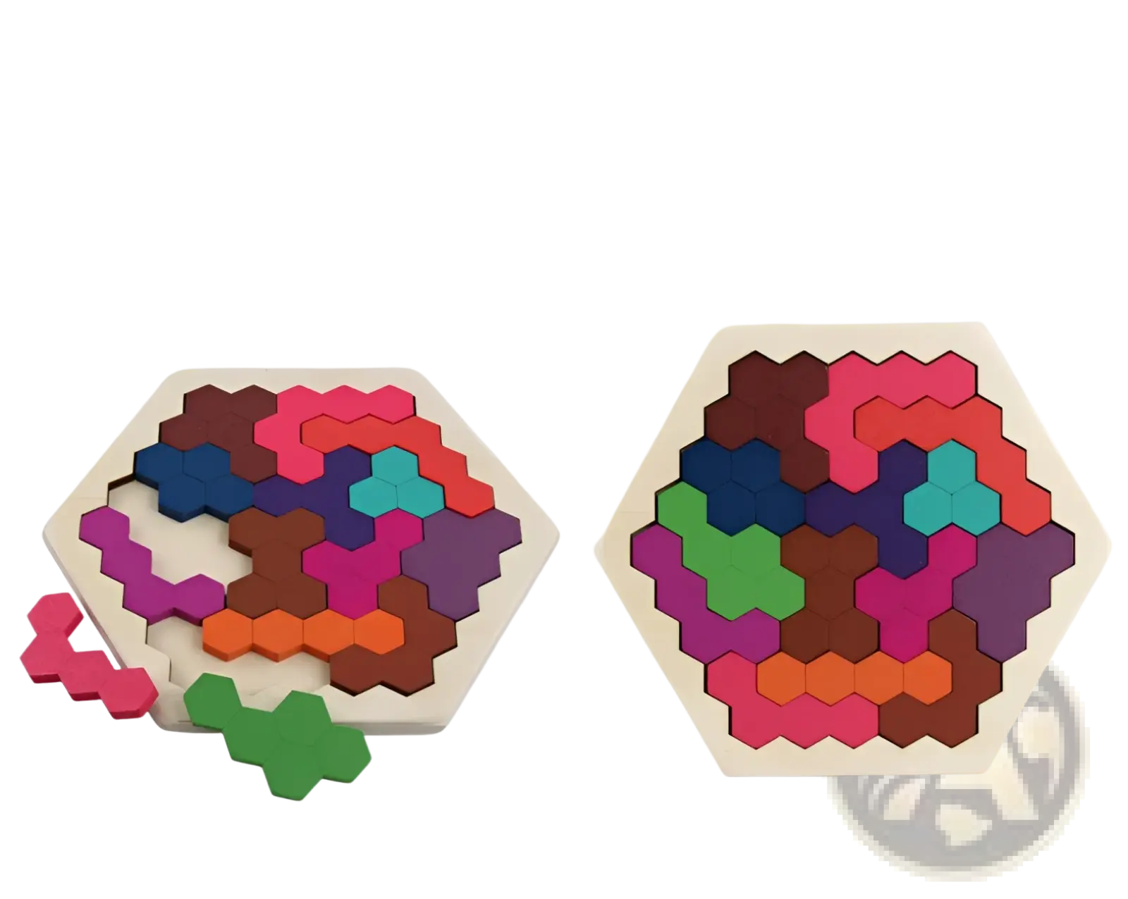 Colorful wooden hexagonal puzzle tangram toy with interlocking pieces in pink blue green orange and purple for early education