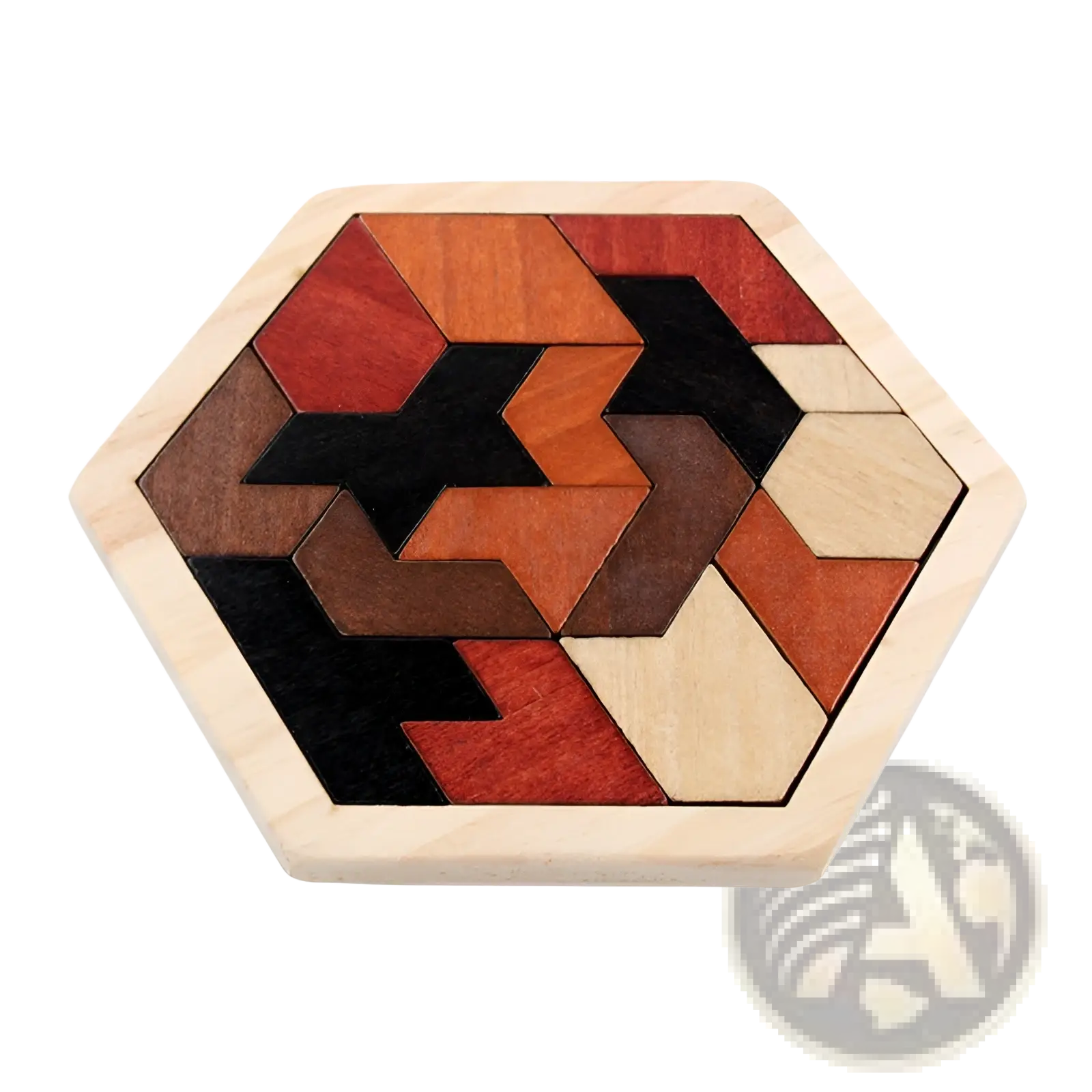 Wooden hexagonal puzzle tangram early education toy with interlocking pieces in orange deep brown and black tones
