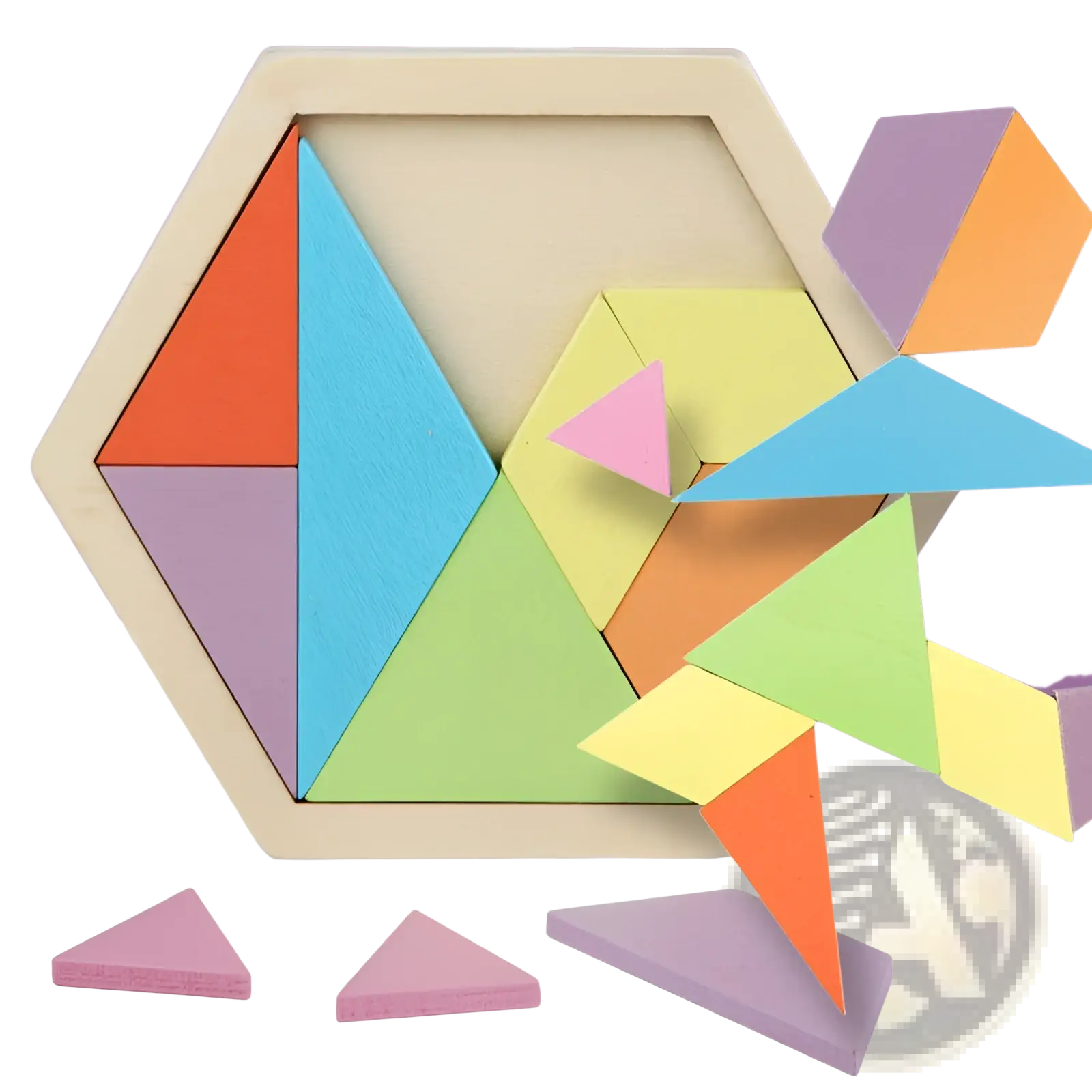 Colorful wooden tangram puzzle pieces arranged in a hexagonal frame for early education toy use