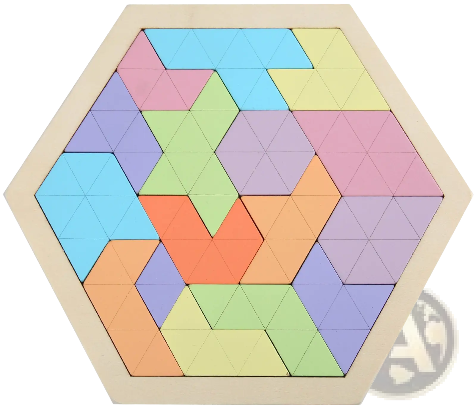 Wooden hexagonal puzzle tangram early education toy with colorful pastel interlocking triangular pieces