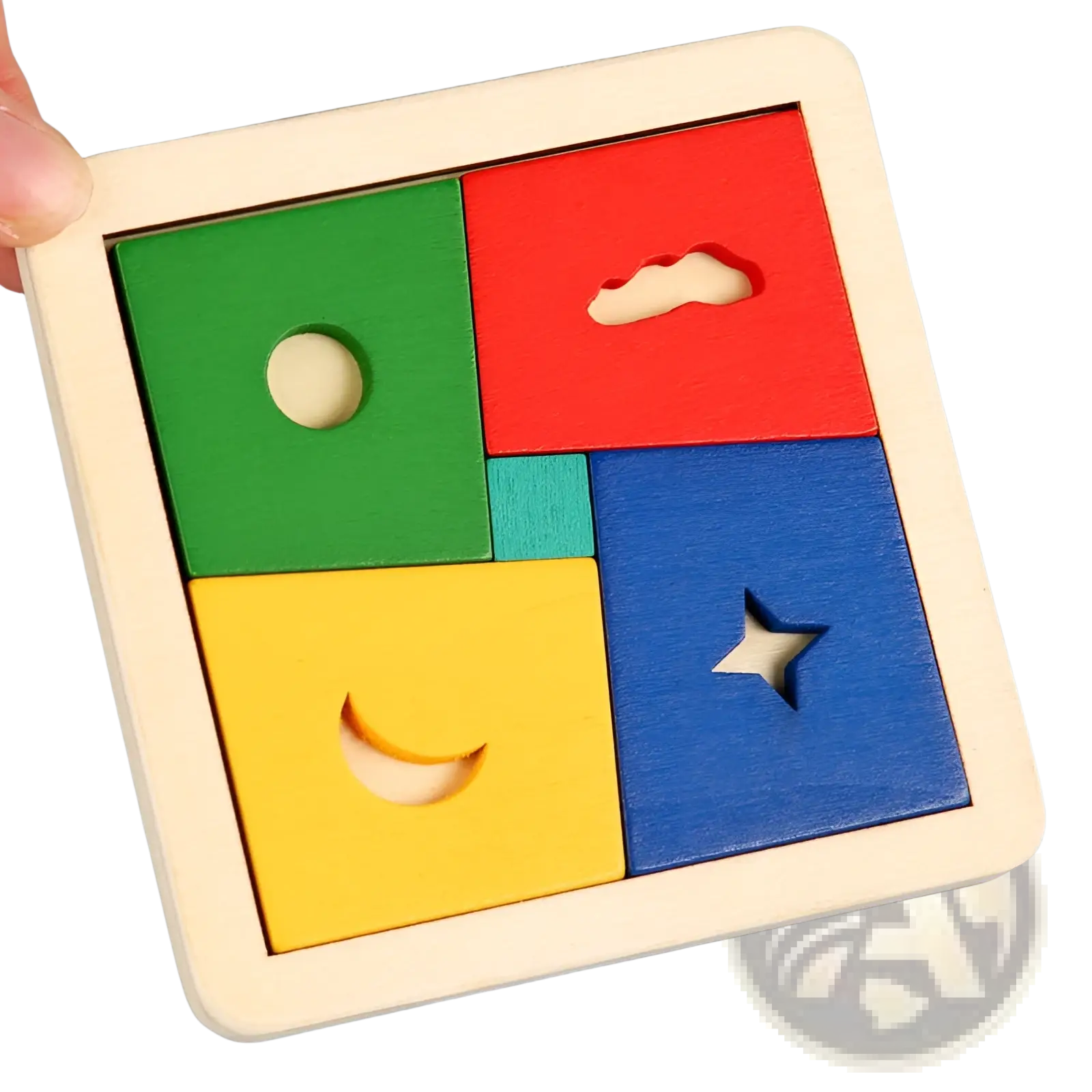 Colorful wooden hexagonal puzzle tangram toy with four square pieces in green red yellow and blue featuring cutout shapes