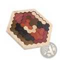 Wooden hexagonal puzzle tangram with interlocking pieces in natural wood tones rich reds deep browns and black