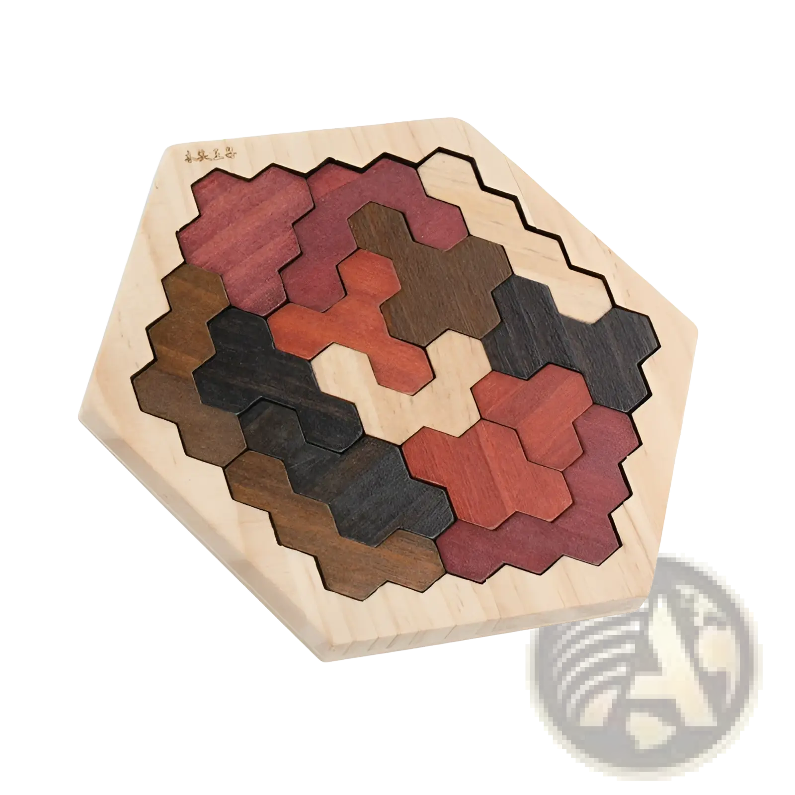 Wooden hexagonal puzzle tangram with interlocking pieces in natural wood tones rich reds deep browns and black