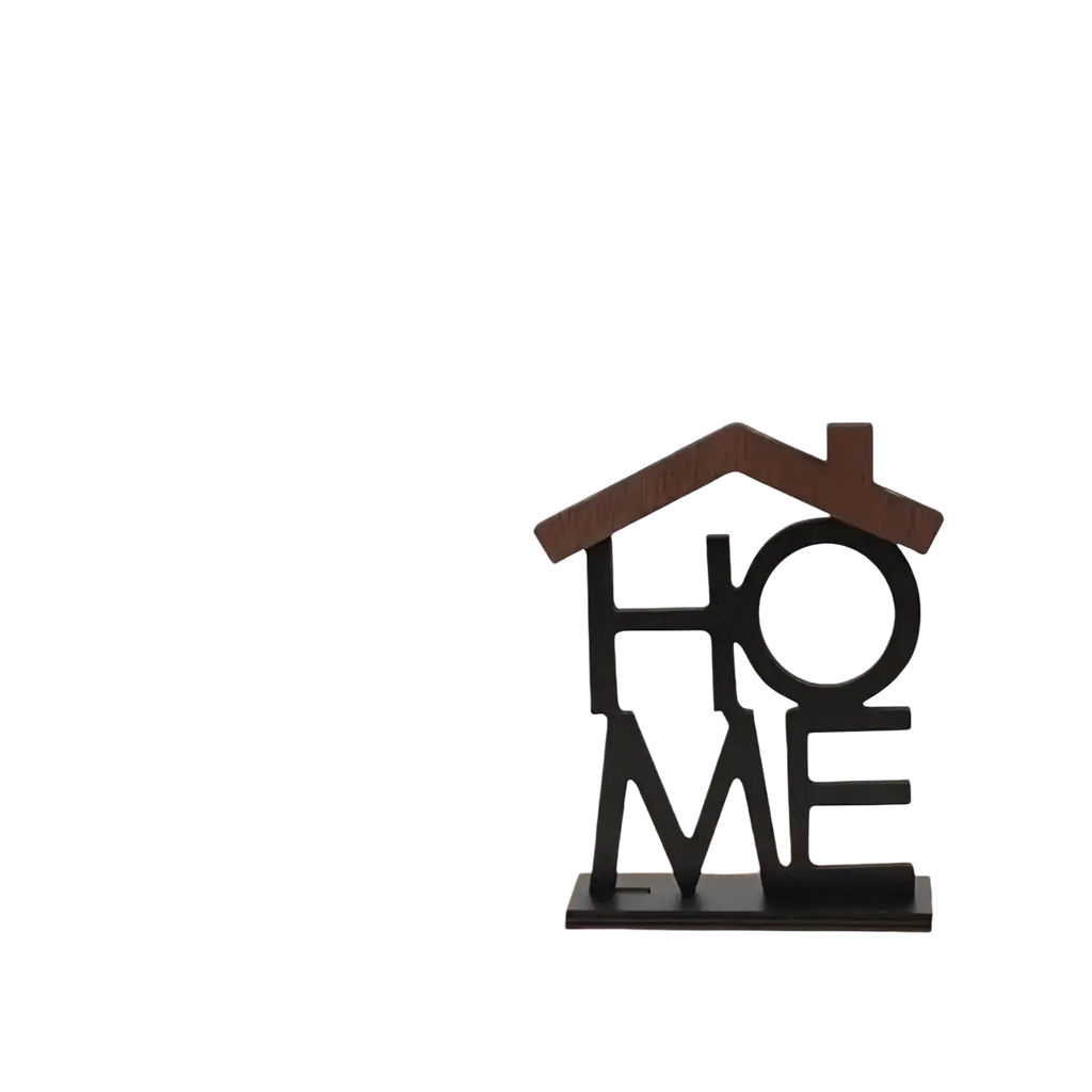 Black and brown wooden home sign shelf decor shaped like a house used as a decorative stand