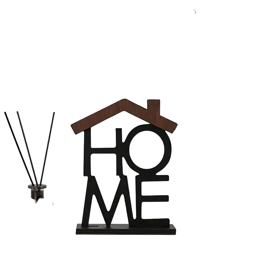 Black and brown wooden home sign shaped like a house for shelf decor in natural wood finish