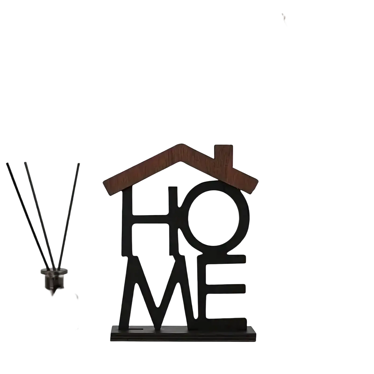 Black and brown wooden home sign shaped like a house for shelf decor in natural wood finish