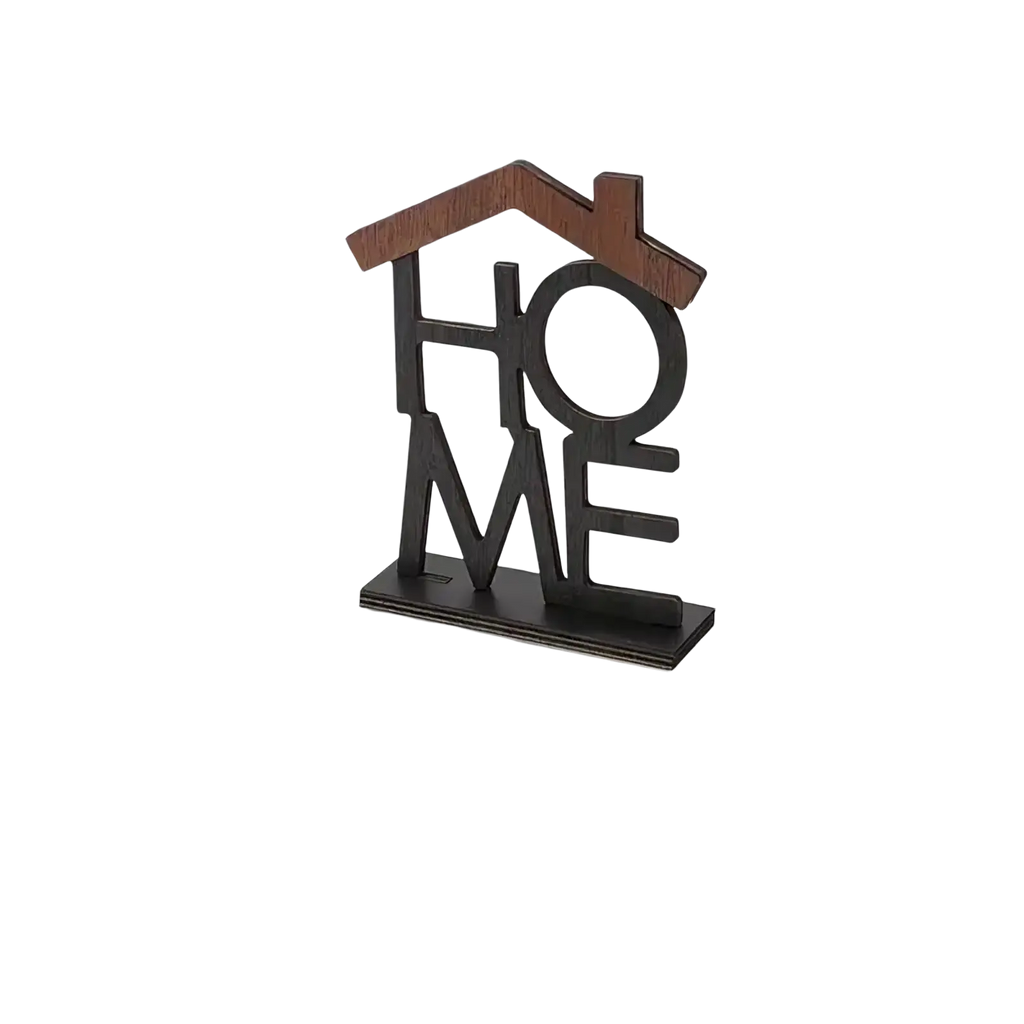 Wooden home sign shelf decor in black and brown wood with a sleek minimalist house-shaped design for desk display