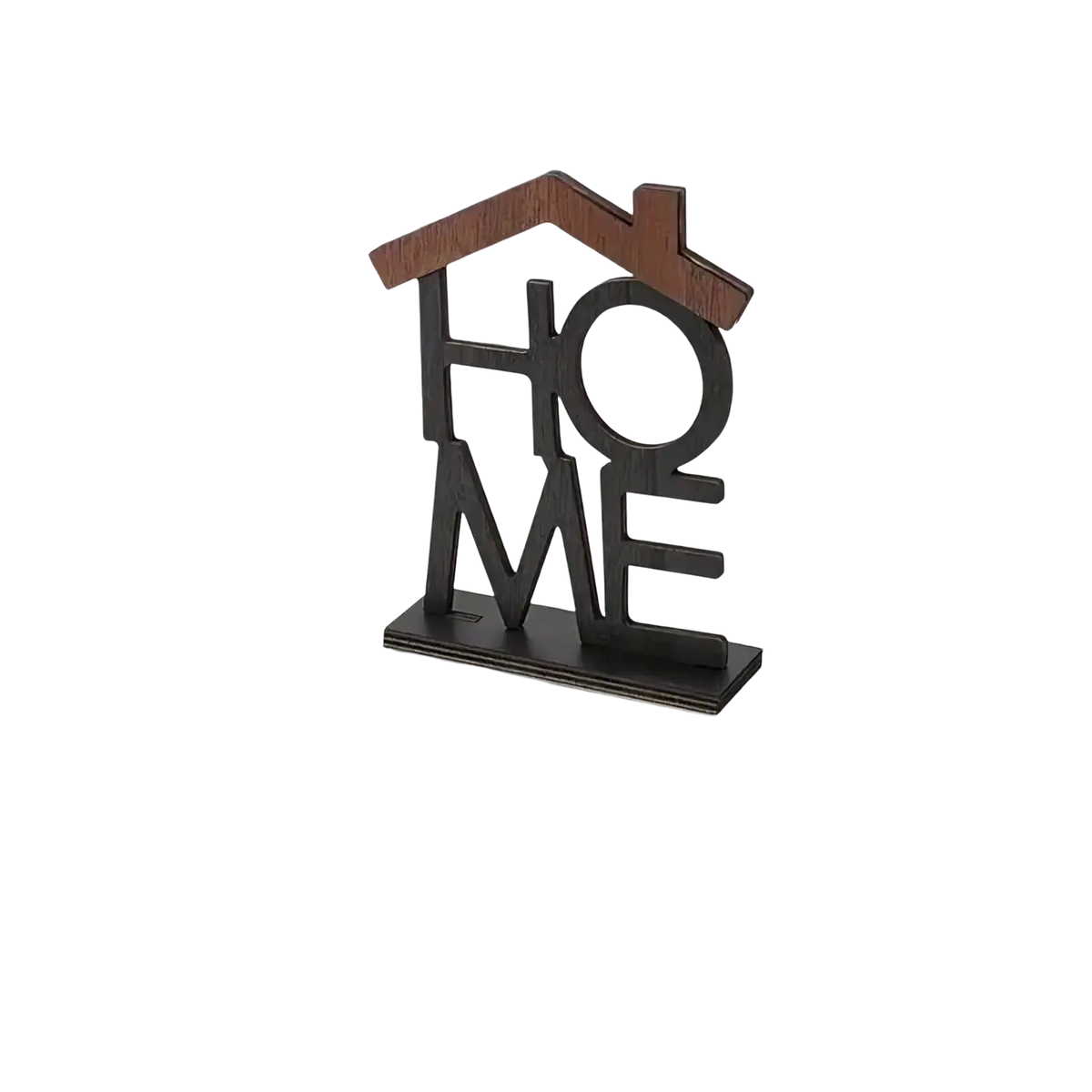 Wooden home sign shelf decor in black and brown wood with a sleek minimalist house-shaped design for desk display