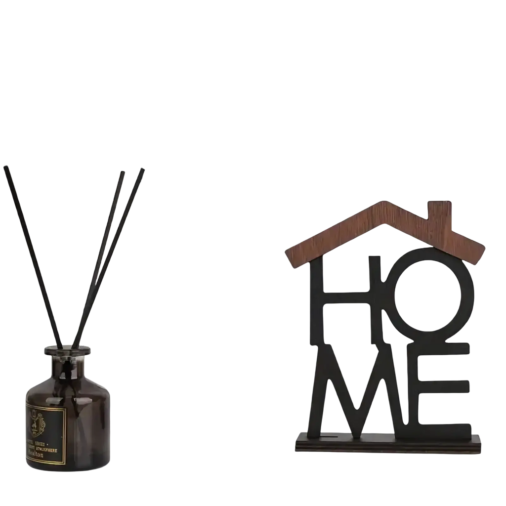 Dark brown wooden home sign shelf decor with house shape cut-out letter design and detailed roof element