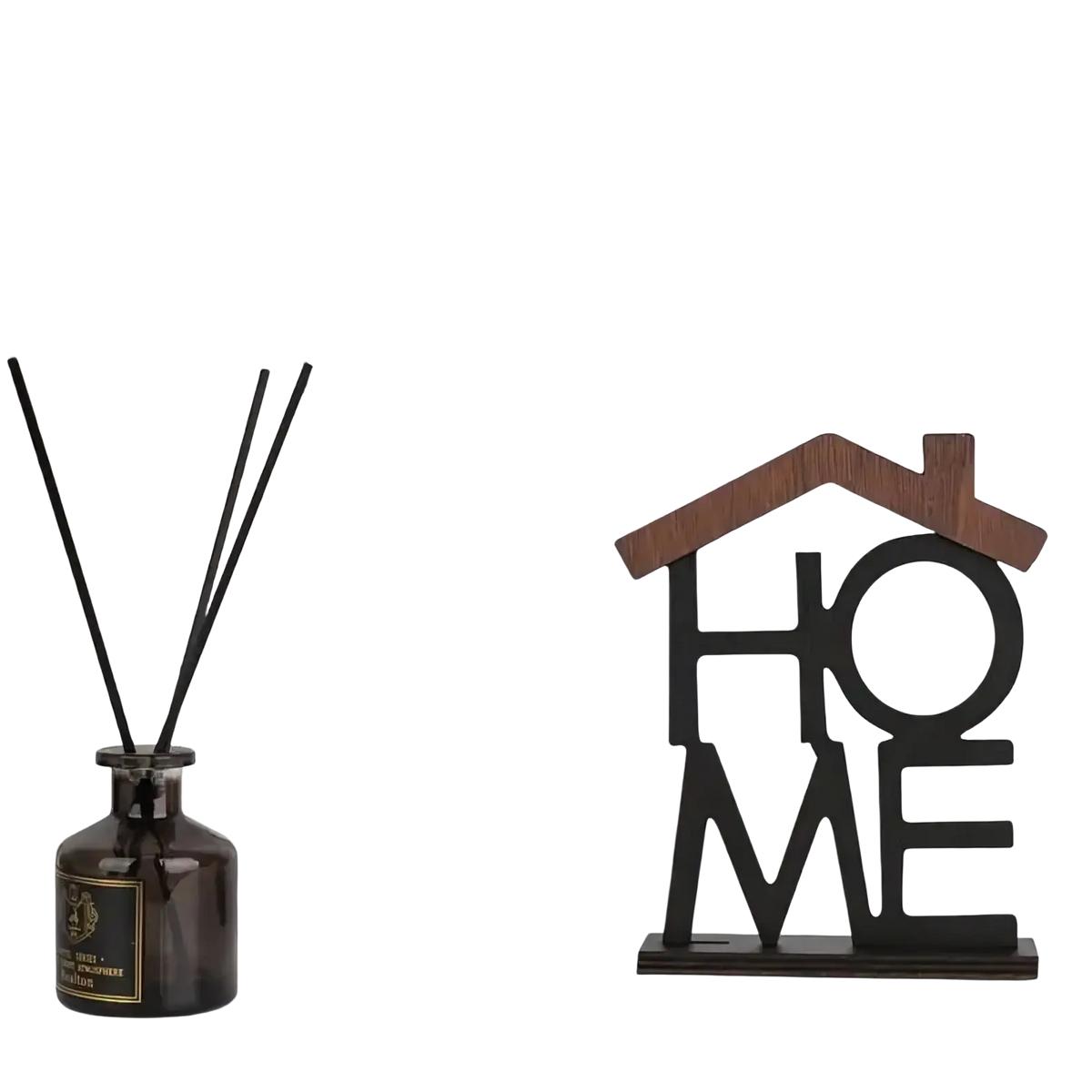 Dark brown wooden home sign shelf decor with house shape cut-out letter design and detailed roof element
