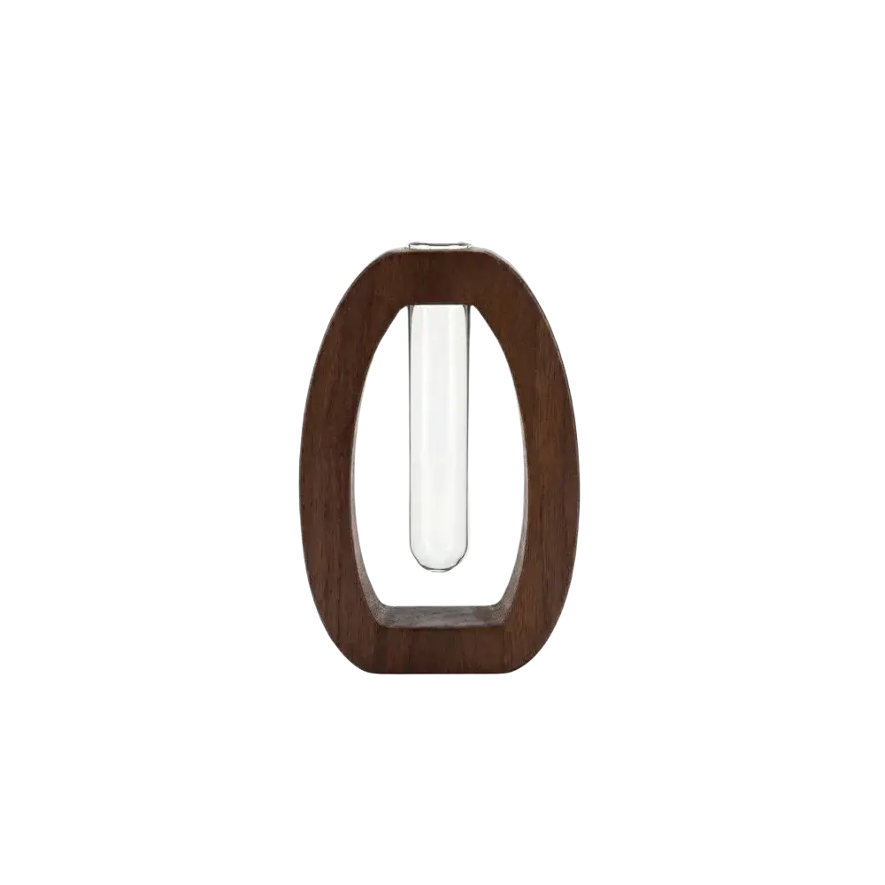 Dark wood oval frame holding a clear glass test tube for a wooden hydroponic glass tube vase desktop planter