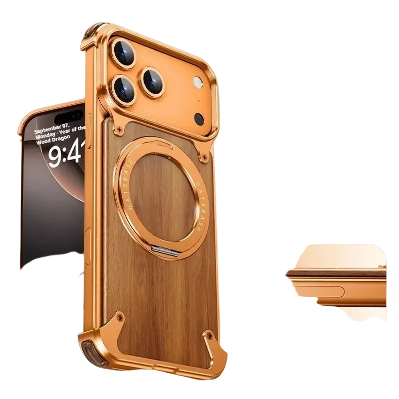 Back side of a gold-tone metal and natural wood iphone case with a 360° rotating ring stand for hands-free use