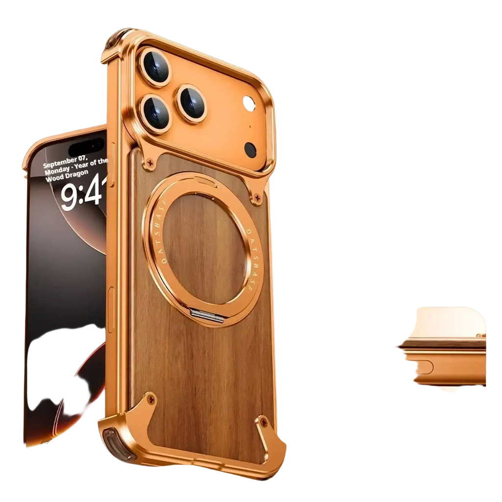 Back view of a gold-tone wooden iPhone case with wood-grain pattern and rotating ring stand for hands-free use