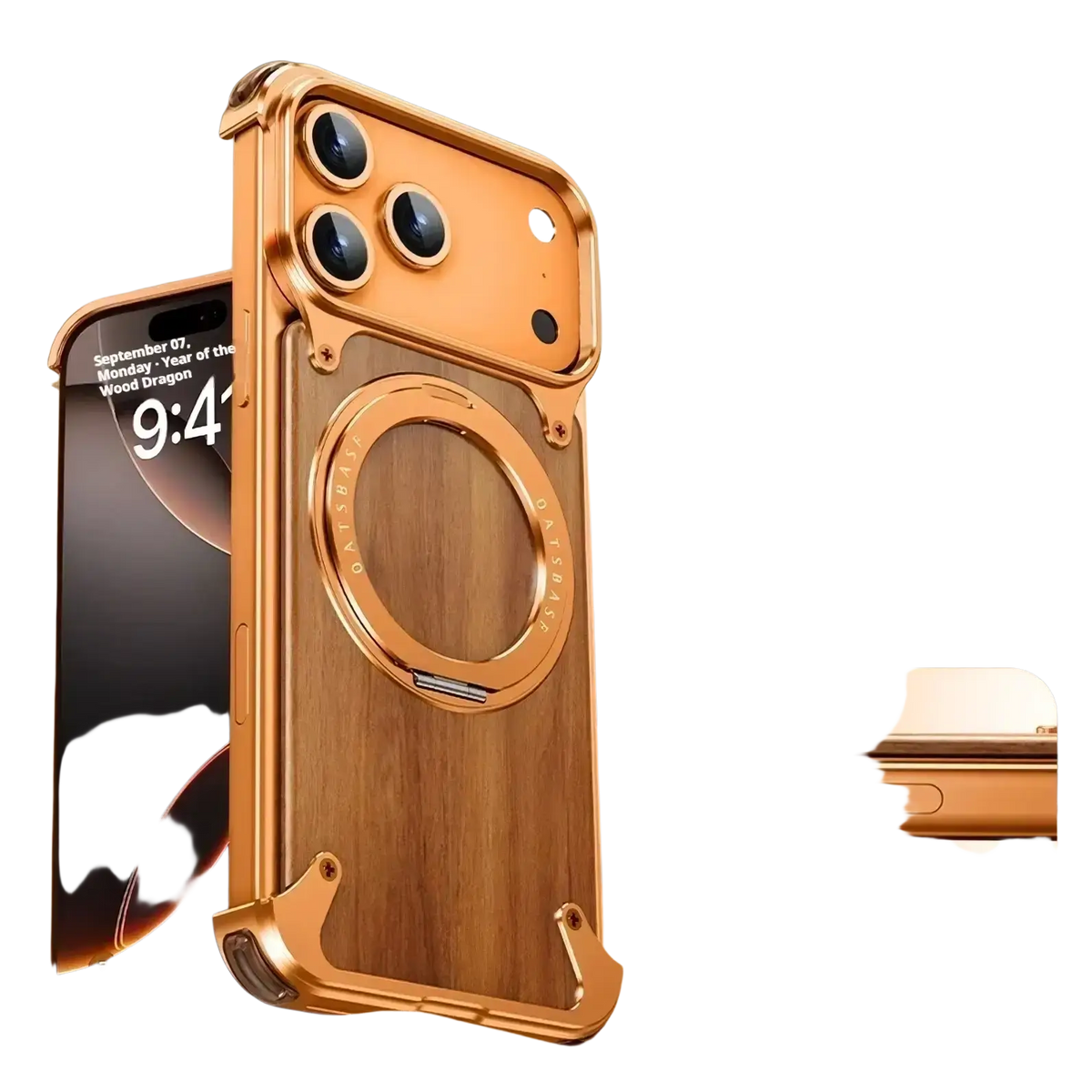 Back view of a gold-tone wooden iPhone case with wood-grain pattern and rotating ring stand for hands-free use