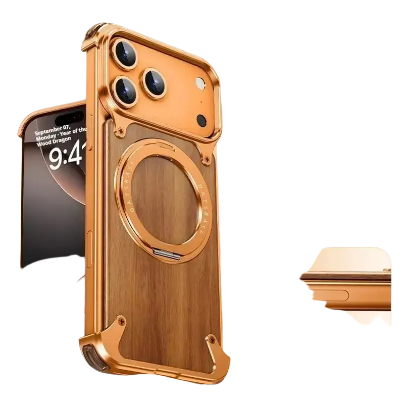 Wooden iphone case with gold-toned metal frameless design natural wood panel and rotating ring stand shown from back side
