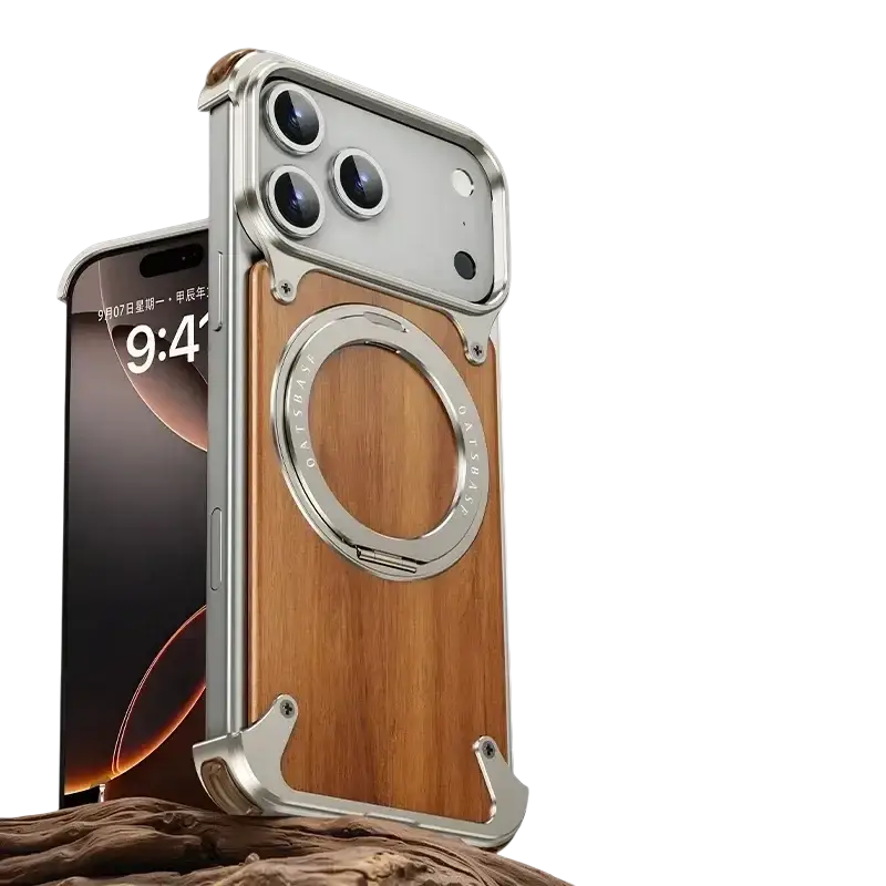 Back view of silver and wood-textured wooden iPhone case with rotating ring stand and circular metal ring holder