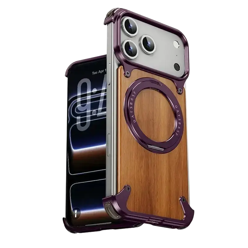 Back of wooden iPhone case with natural wood grain panel framed by purple metal featuring a rotating ring stand