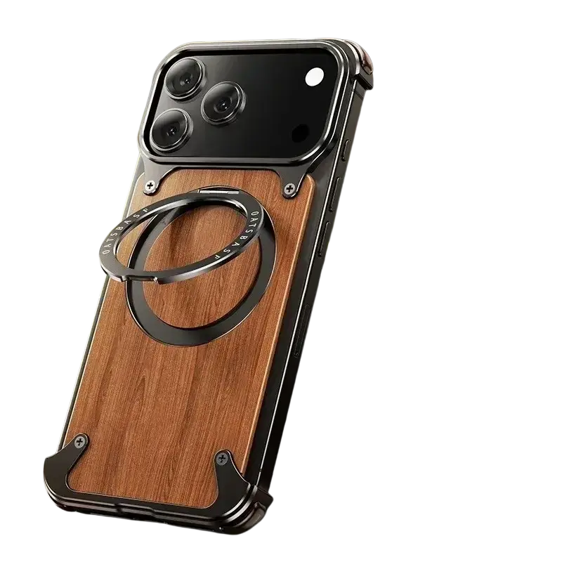 Back side of a wooden iphone case with rich brown wood grain panel and black metal frame featuring rotating ring stand