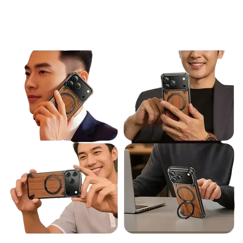 Back side of wooden iphone case with wood-grain texture and circular rotating ring stand for hands-free holding