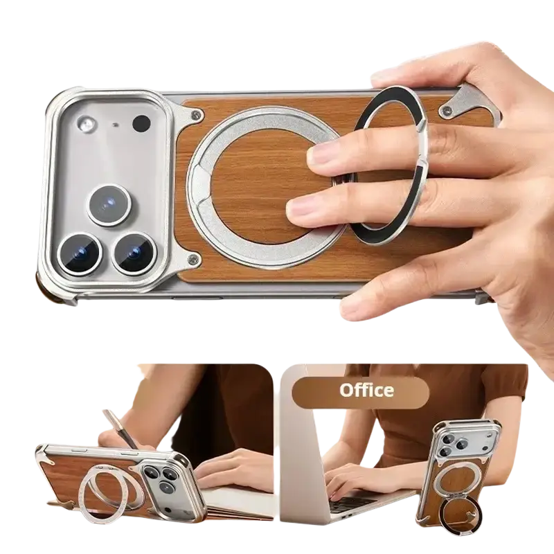 Wooden iphone case with wood-grain texture silver metallic frame and rotating ring stand on the back side