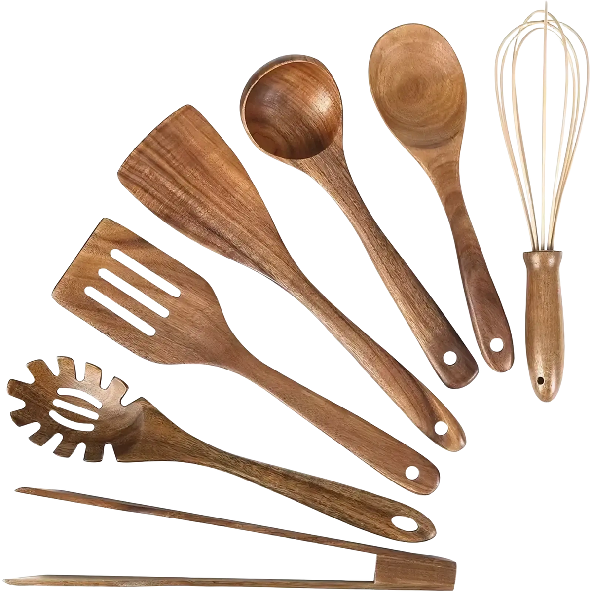 Set of wooden kitchen utensils with natural wood grain and smooth finish for cooking tools