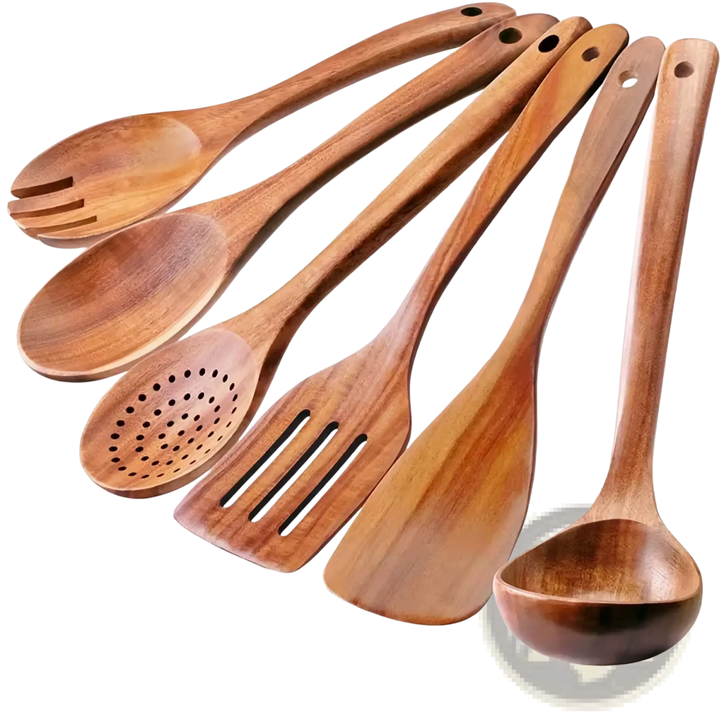 Set of six wooden kitchen utensils with natural wood grain and smooth rounded handles for cooking