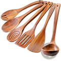 Set of six wooden kitchen utensils with natural wood grain and smooth rounded handles for cooking