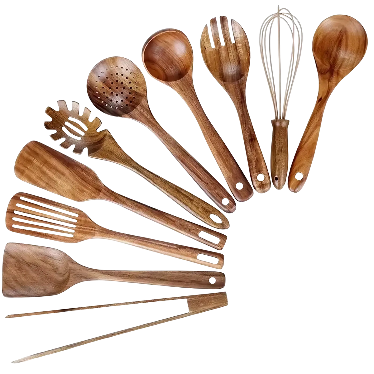 Set of wooden kitchen utensils with natural wood grain and warm brown finish including spoons spatulas and whisk