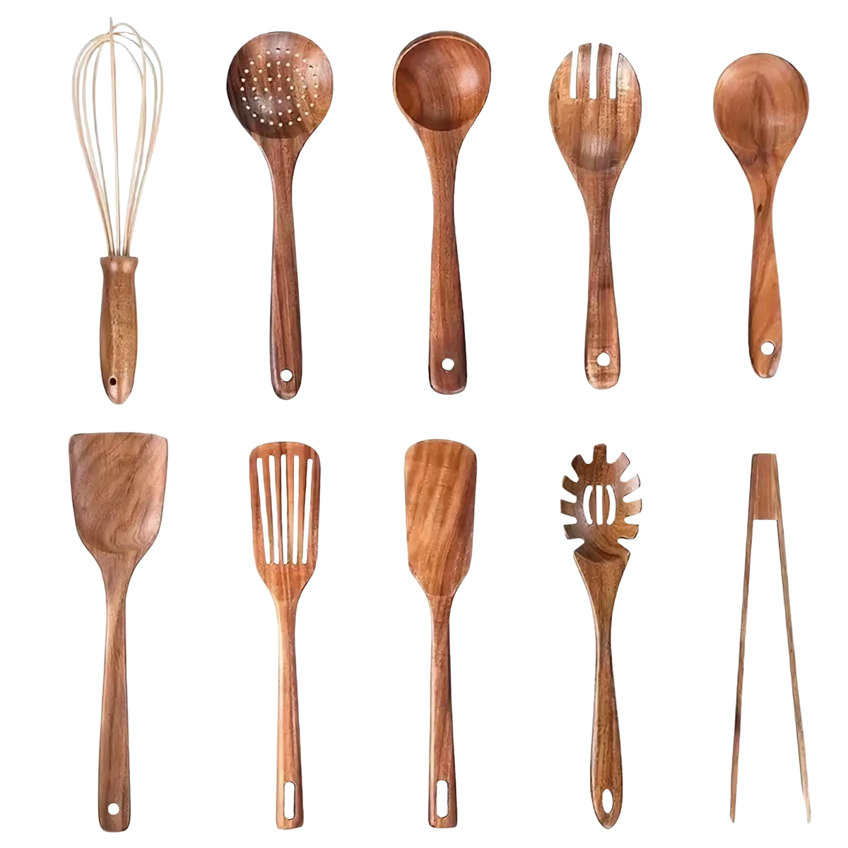Set of wooden kitchen utensils with natural wood grain finish including whisk, ladle, spoon, fork, spatula, tongs, and pasta server