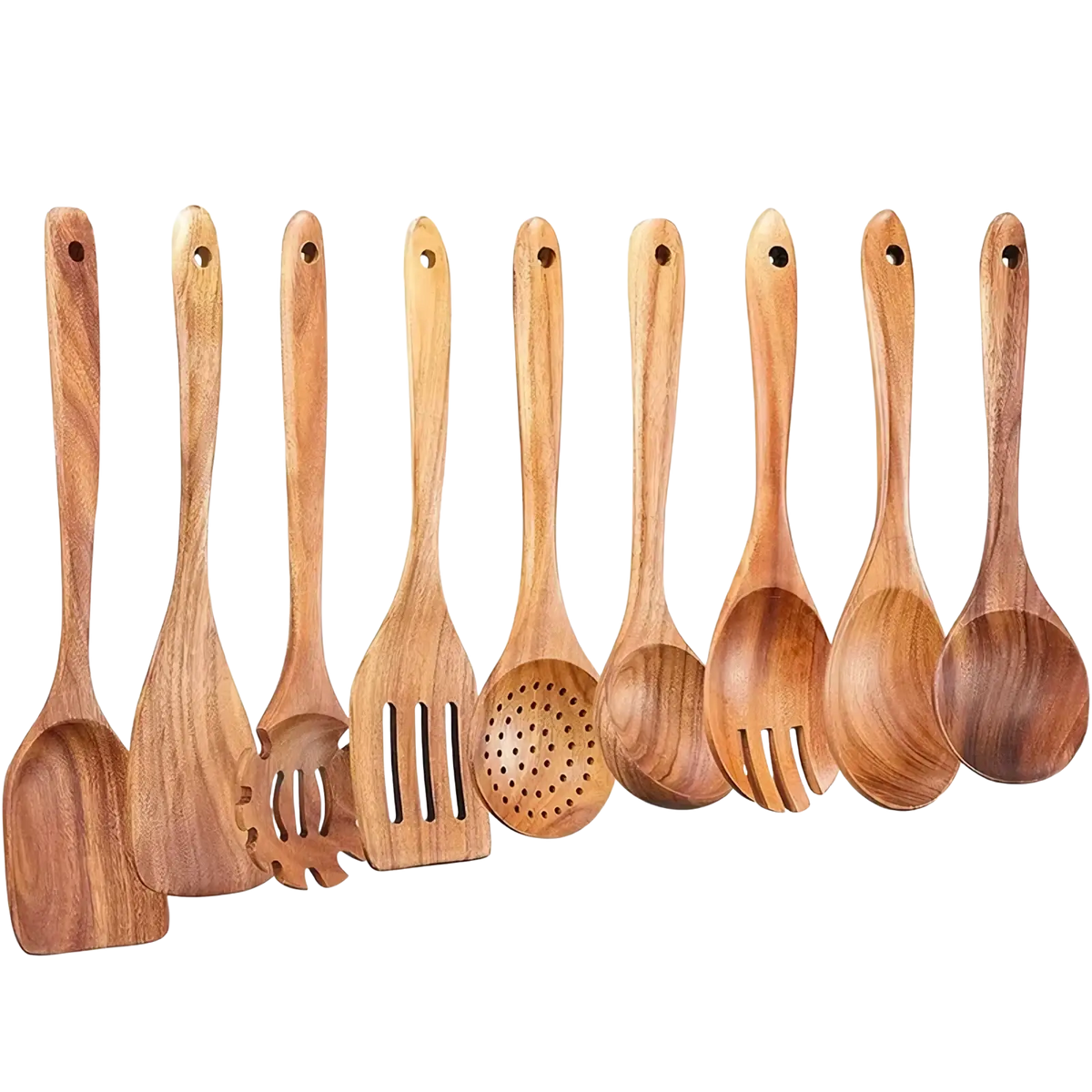 Set of eight natural wood kitchen utensils including spatulas spoons and a slotted spoon for cooking use