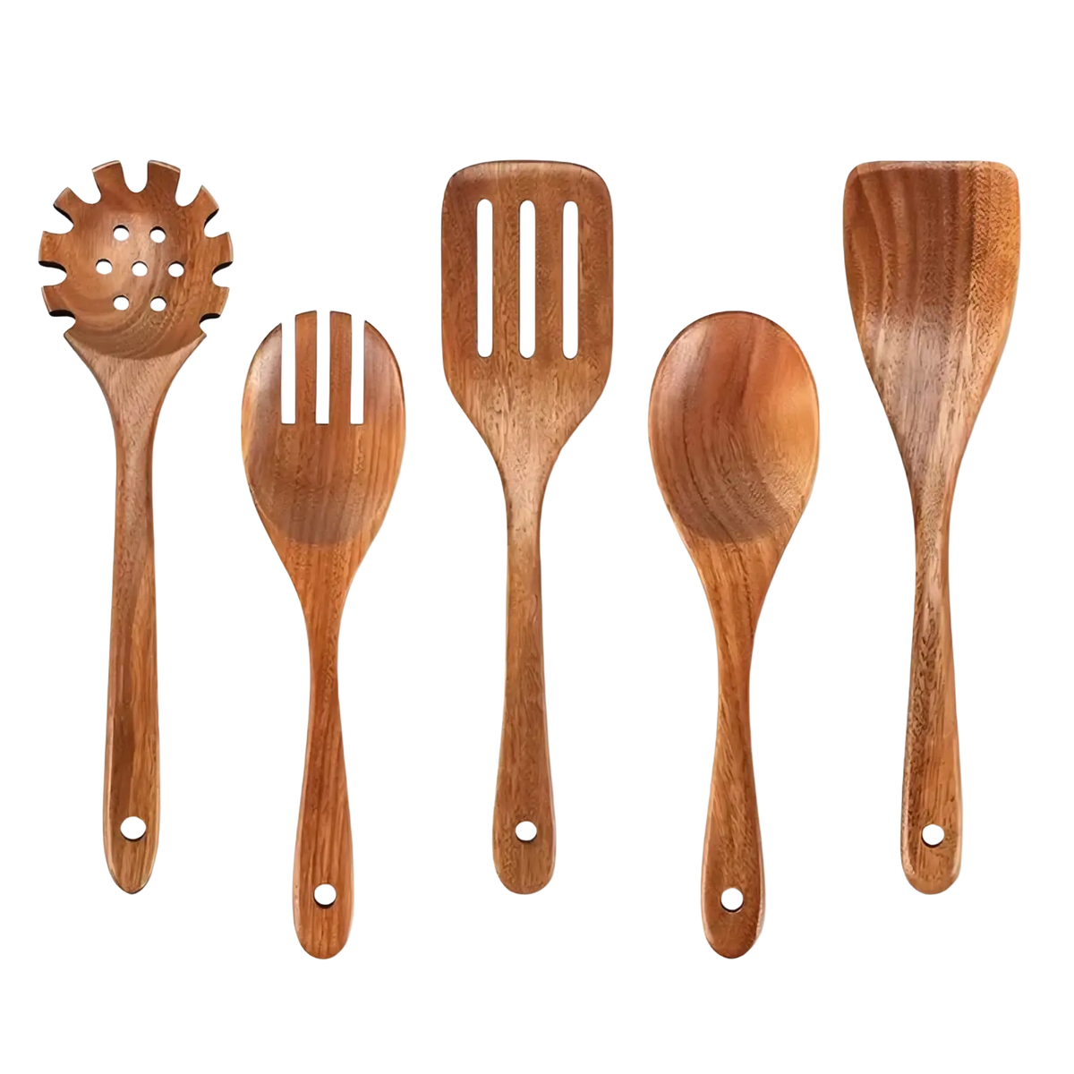 Set of five natural wood kitchen utensils with smooth polished finish and visible wood grain for cooking use