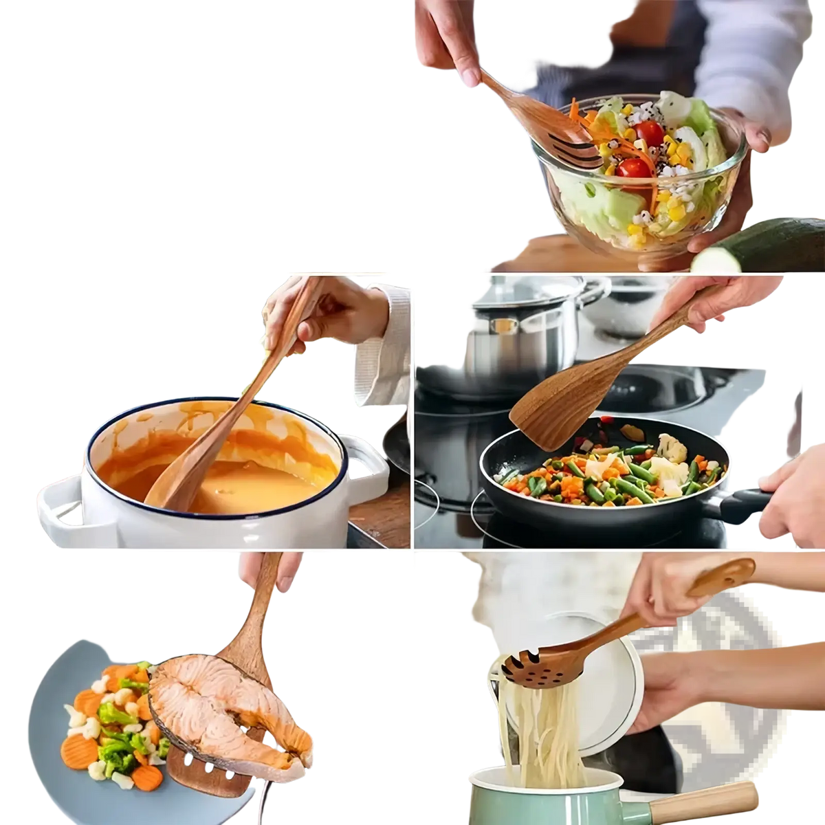 Wooden kitchen utensil set with natural wood cooking tools featuring smooth wooden salad and cooking spoons