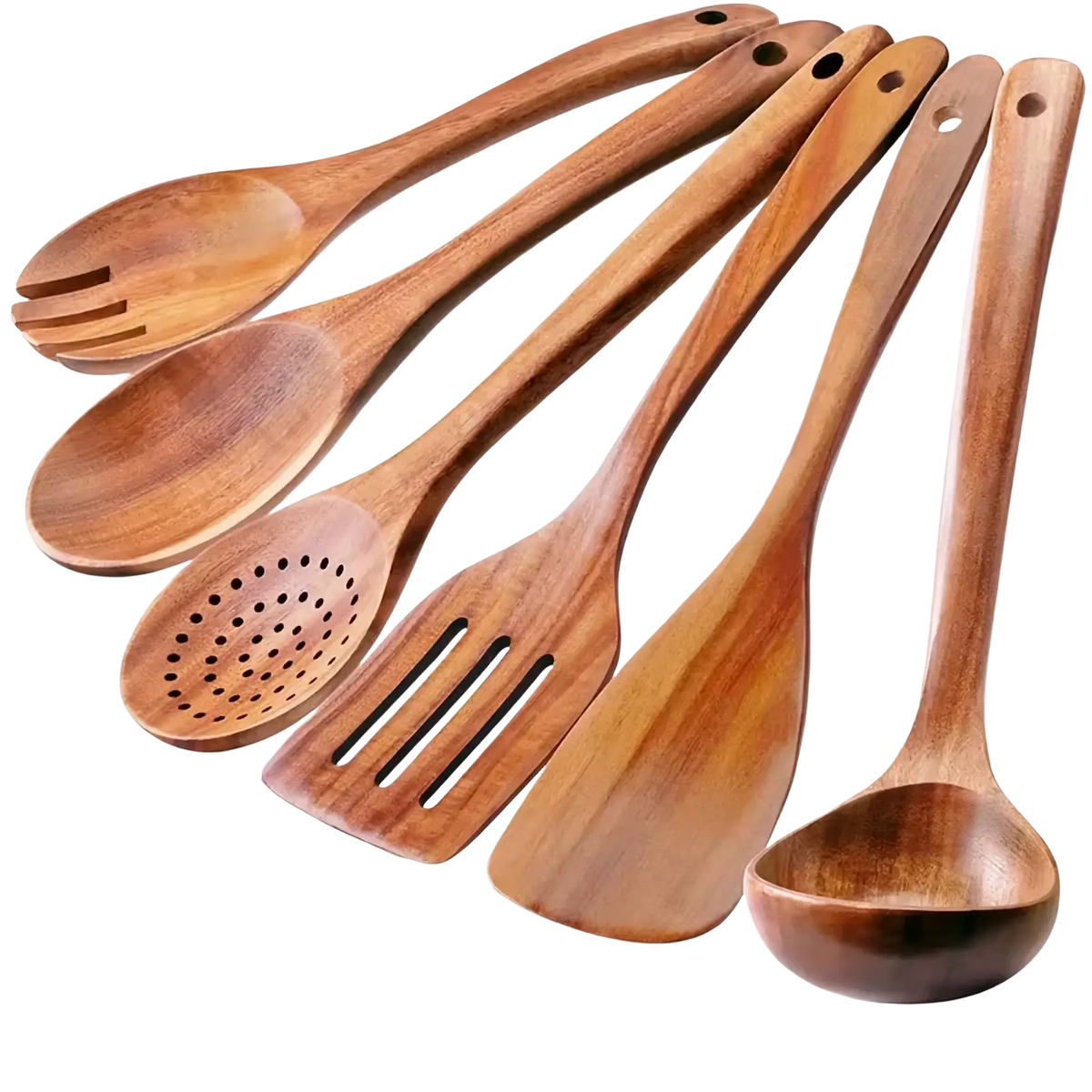 Set of six wooden kitchen utensils with natural wood grain and smooth rounded handles for cooking