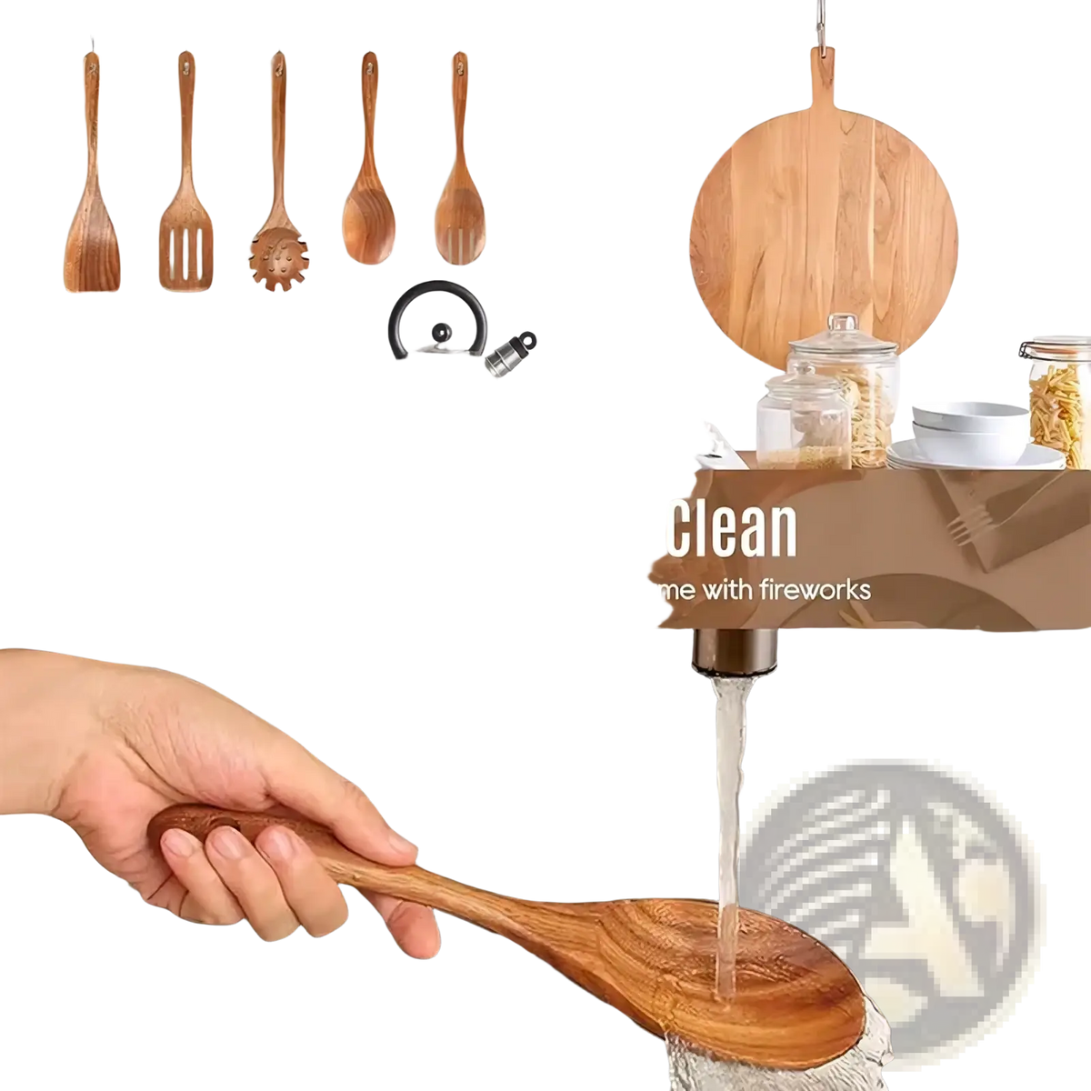A smooth light brown wooden spoon with natural wood grain in a wooden kitchen utensil set for cooking use
