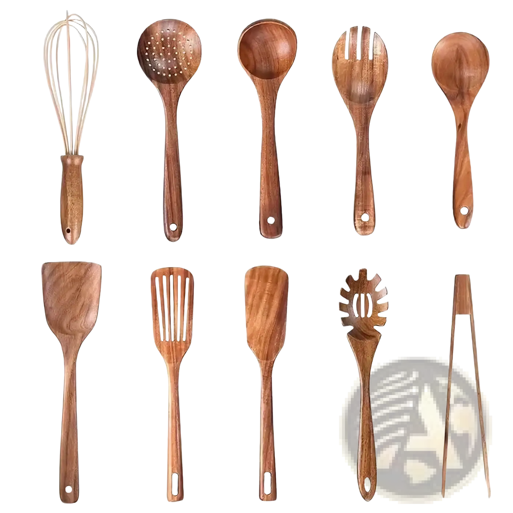 Set of wooden kitchen utensils with natural wood grain finish including whisk, ladle, spoon, fork, spatula, tongs, and pasta server