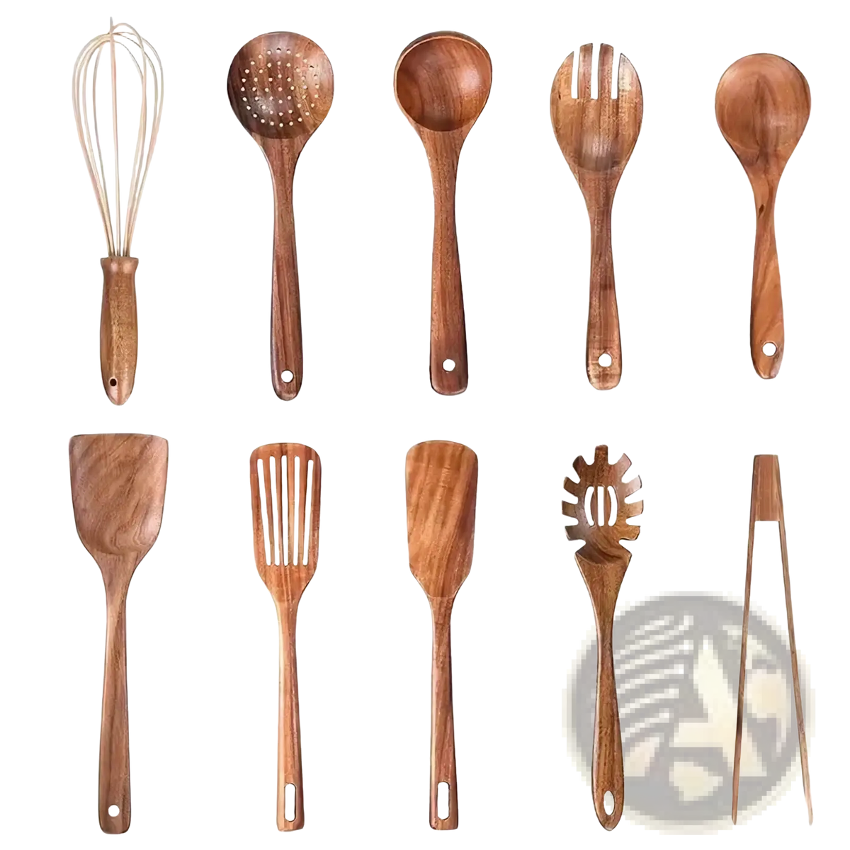 Set of wooden kitchen utensils with natural wood grain finish including whisk, ladle, spoon, fork, spatula, tongs, and pasta server