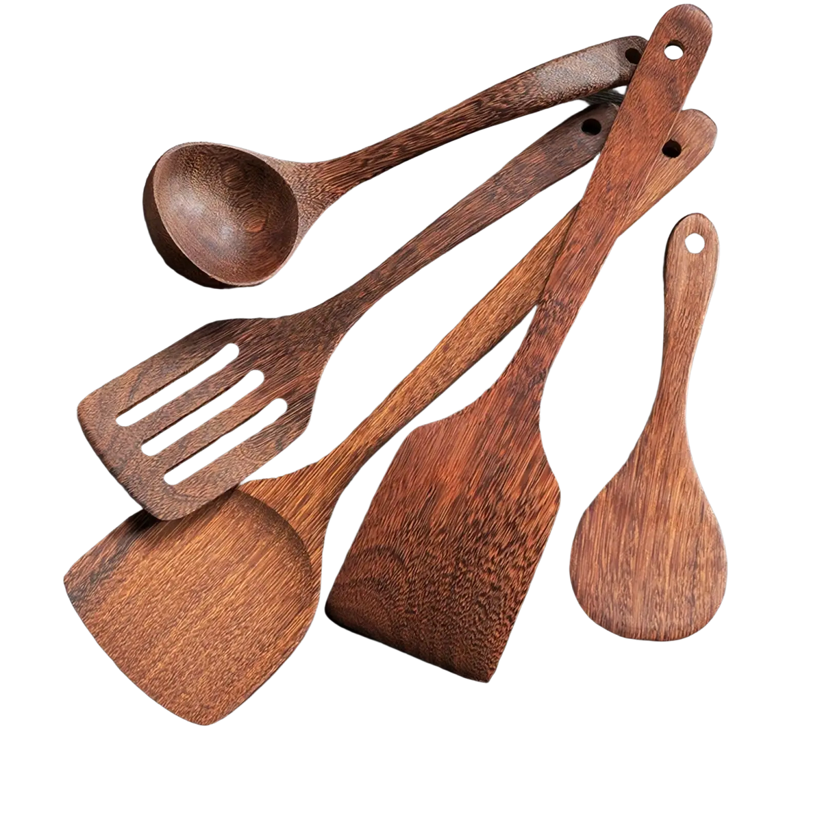 Set of five rustic brown wooden kitchen utensils with natural wood grain and hole-punched handles for non-stick cookware