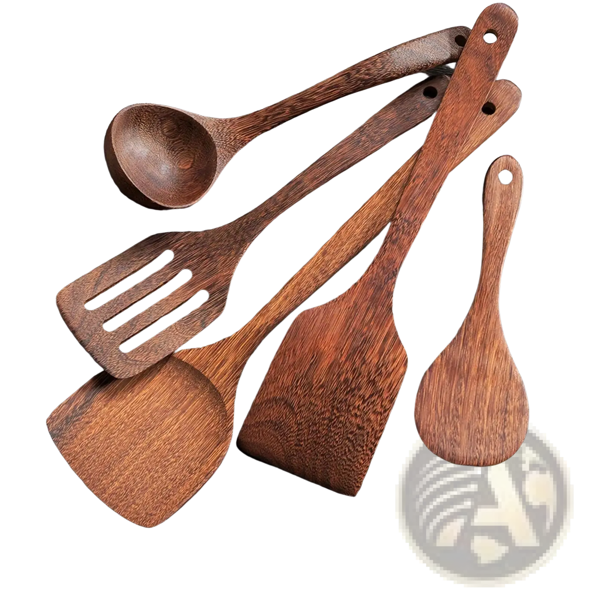Set of five rustic brown wooden kitchen utensils with natural wood grain and hole-punched handles for non-stick cookware