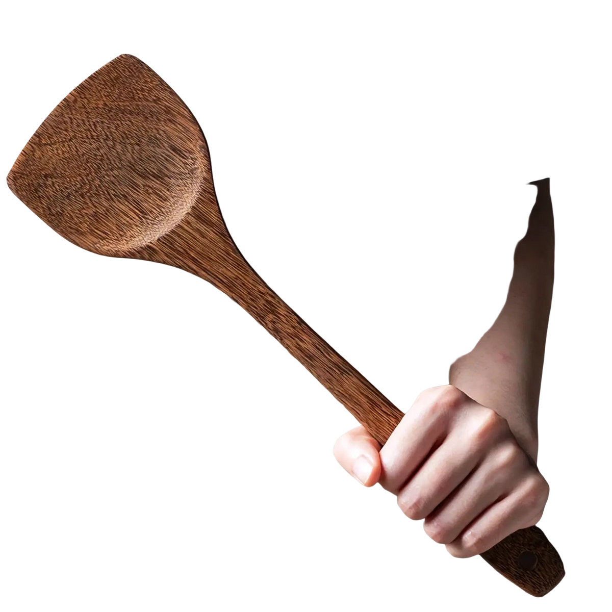 Wooden kitchen utensil set featuring a rich dark brown polished spatula with natural wood grain for non-stick cookware