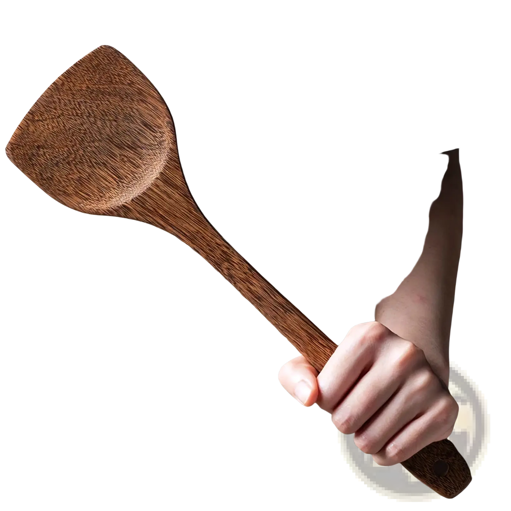 Wooden kitchen utensil set featuring a rich dark brown polished spatula with natural wood grain for non-stick cookware