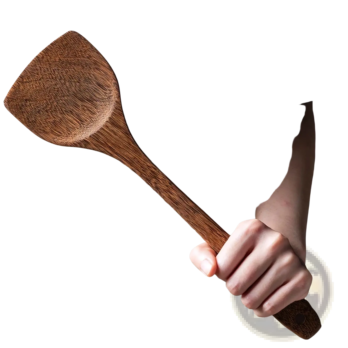 Wooden kitchen utensil set featuring a rich dark brown polished spatula with natural wood grain for non-stick cookware