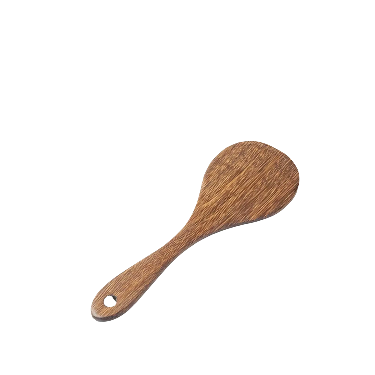 A sleek dark brown wooden rice paddle with smooth finish and rounded handle in non-stick cookware utensil set