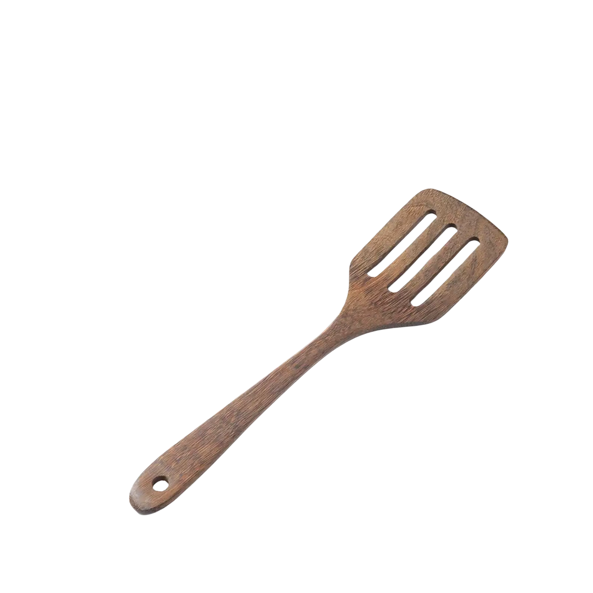 A sleek dark brown wooden spatula with a smooth finish and three slots from a non-stick cookware utensil set