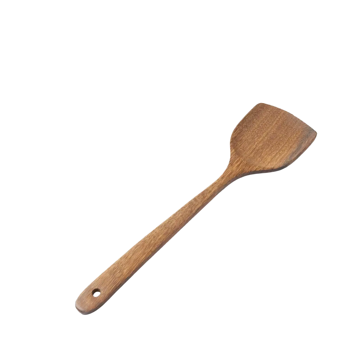 A sleek medium brown wooden spatula with smooth finish and natural wood grain from a wooden kitchen utensil set