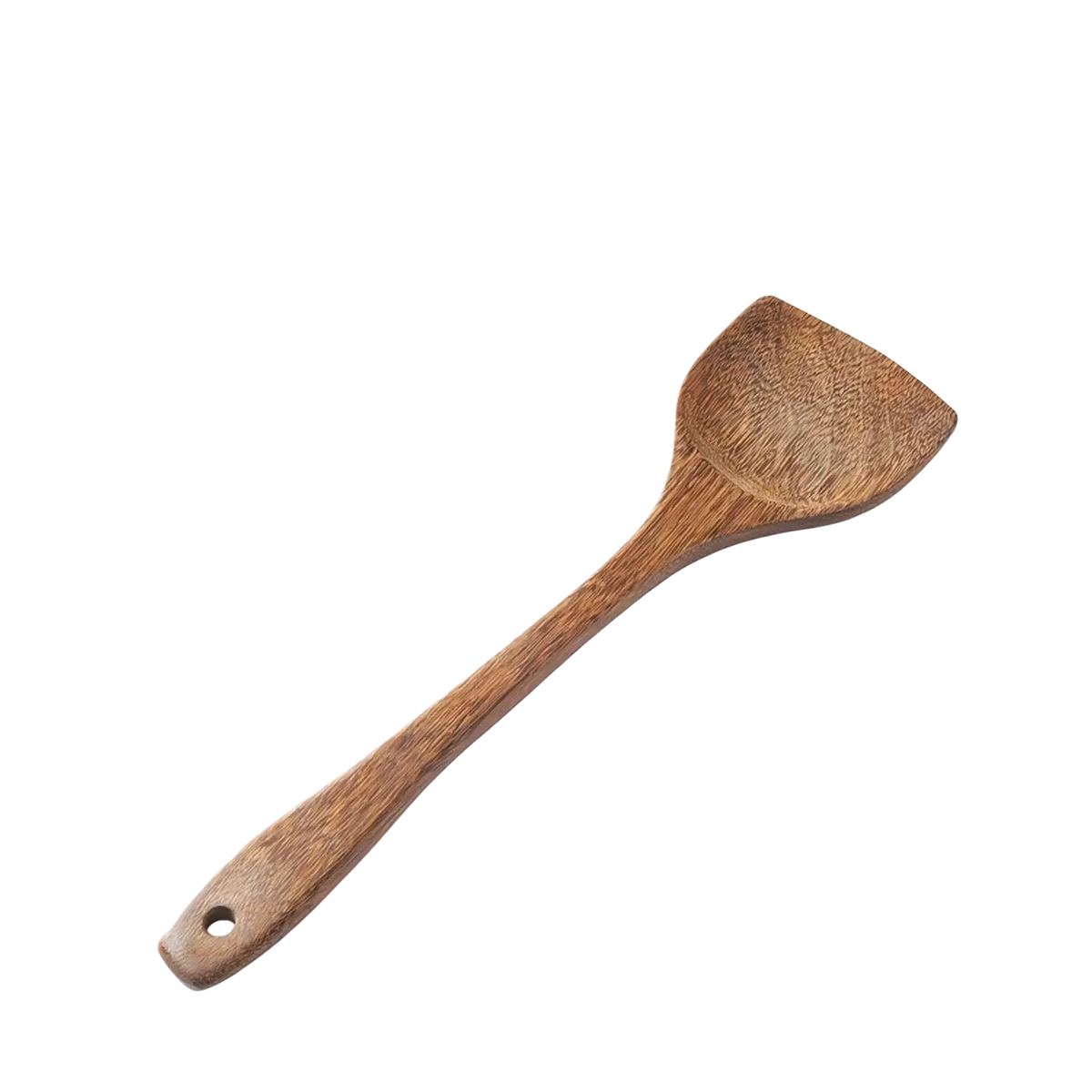 A smooth light brown wooden spatula with natural grain from a wooden kitchen utensil set for non-stick cookware