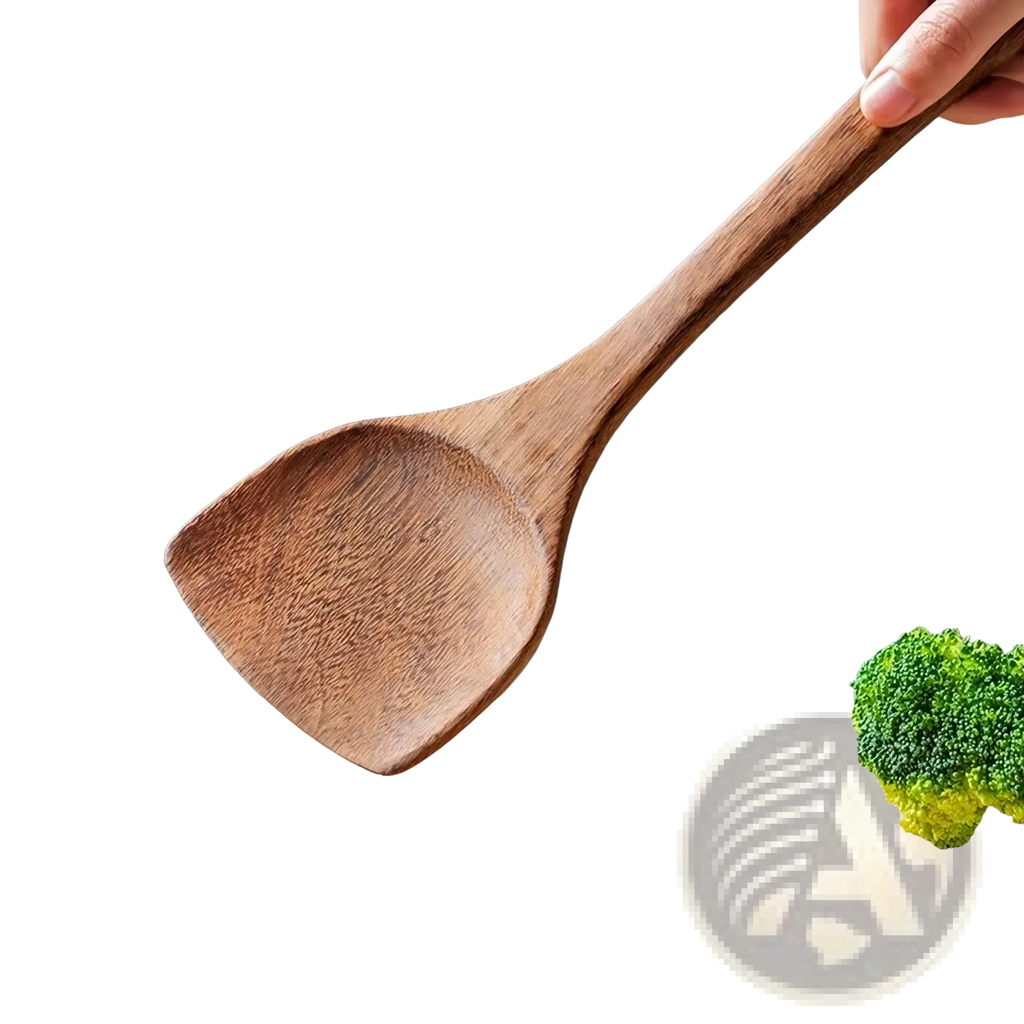 A smooth medium-brown wooden spatula with a curved handle for non-stick cookware in a kitchen utensil set