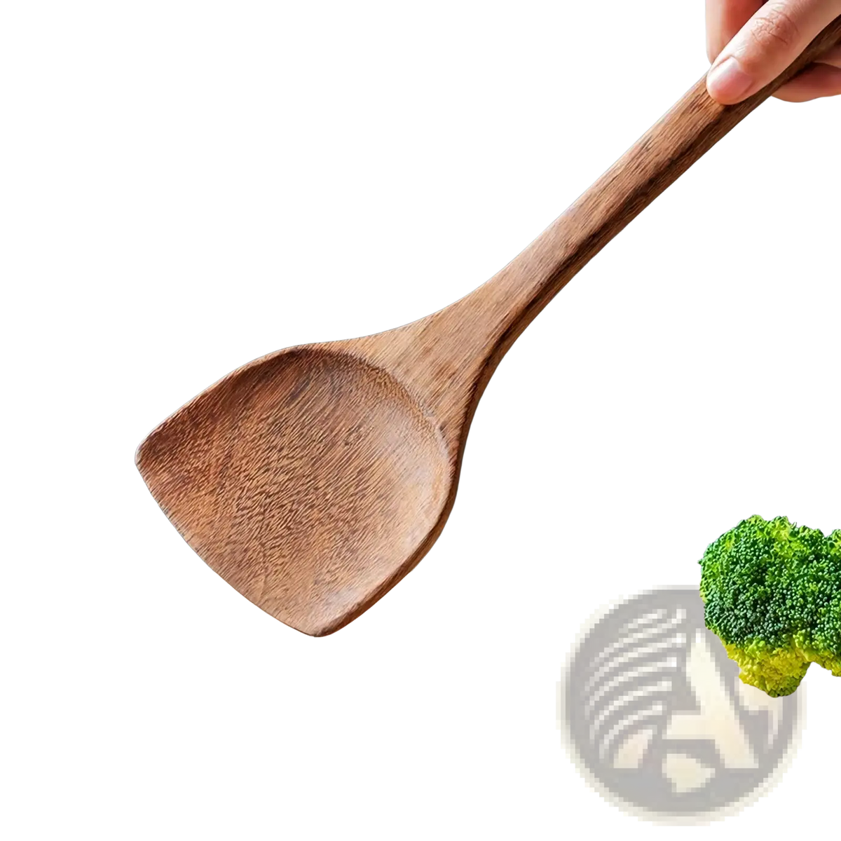 A smooth medium-brown wooden spatula with a curved handle for non-stick cookware in a kitchen utensil set