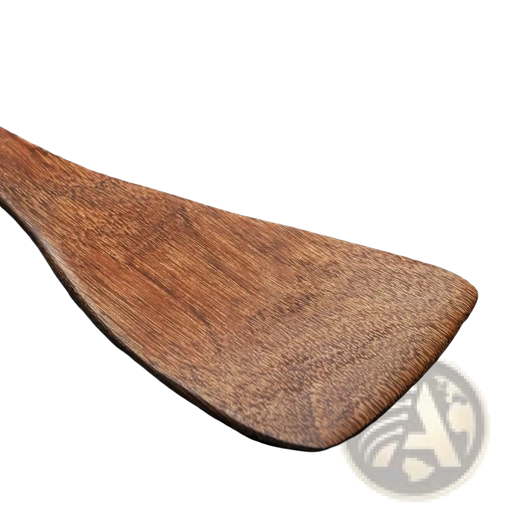 A smooth rich brown wooden spatula with natural wood grain finish from a wooden kitchen utensil set non-stick cookware